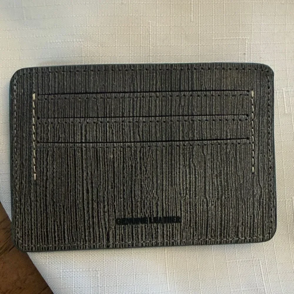 J. FOLD LEATHER CARD CARRIER.  GREY WITH BLUE TRIM.  NEW.